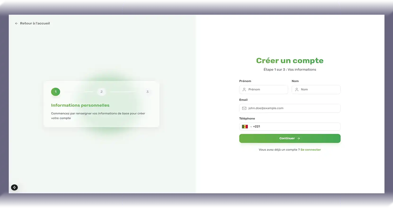Interface de création de compte