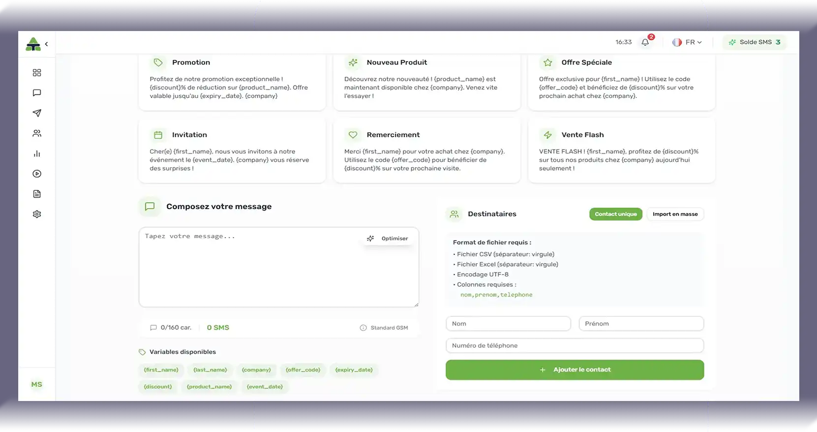 Interface de création de campagne SMS